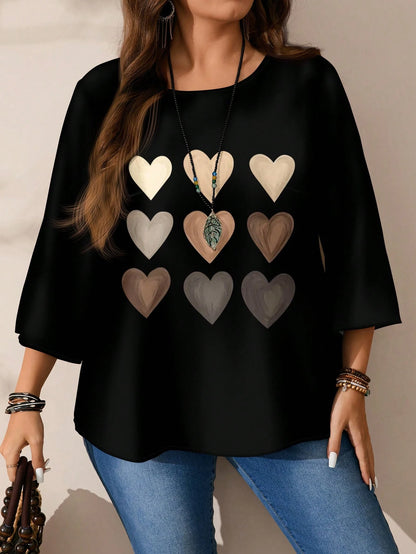 EMERY ROSE Plus Size Women's Heart Gradient Grid Pattern Print Casual Full Print Round Neck Loose 3/4 Sleeve Shirt Suitable For Spring And Summer