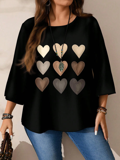 EMERY ROSE Plus Size Women's Heart Gradient Grid Pattern Print Casual Full Print Round Neck Loose 3/4 Sleeve Shirt Suitable For Spring And Summer