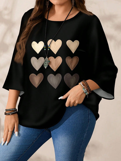 EMERY ROSE Plus Size Women's Heart Gradient Grid Pattern Print Casual Full Print Round Neck Loose 3/4 Sleeve Shirt Suitable For Spring And Summer