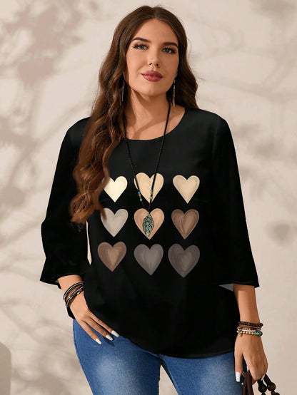 EMERY ROSE Plus Size Women's Heart Gradient Grid Pattern Print Casual Full Print Round Neck Loose 3/4 Sleeve Shirt Suitable For Spring And Summer