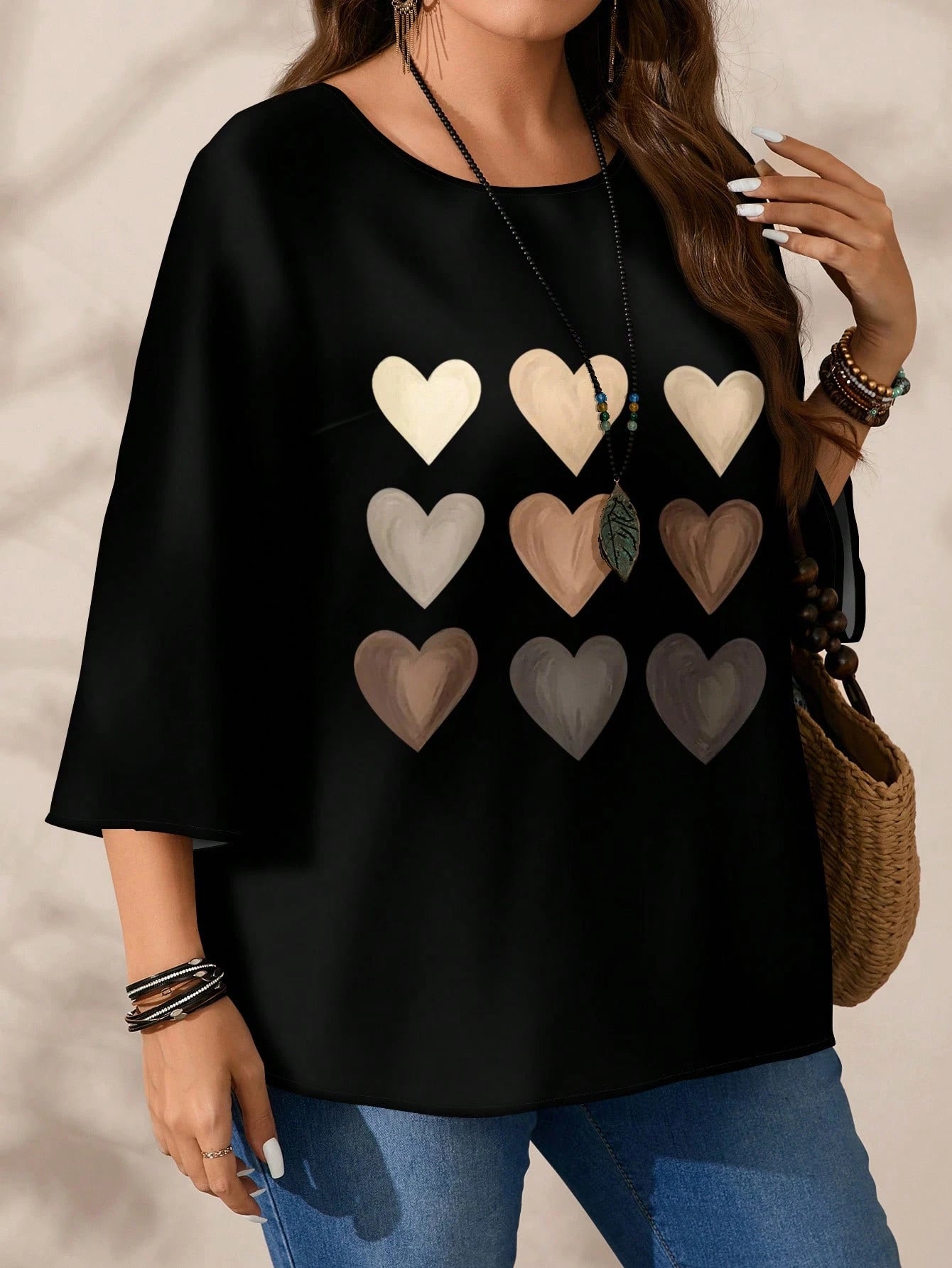 EMERY ROSE Plus Size Women's Heart Gradient Grid Pattern Print Casual Full Print Round Neck Loose 3/4 Sleeve Shirt Suitable For Spring And Summer