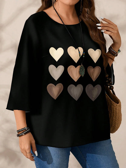 EMERY ROSE Plus Size Women's Heart Gradient Grid Pattern Print Casual Full Print Round Neck Loose 3/4 Sleeve Shirt Suitable For Spring And Summer