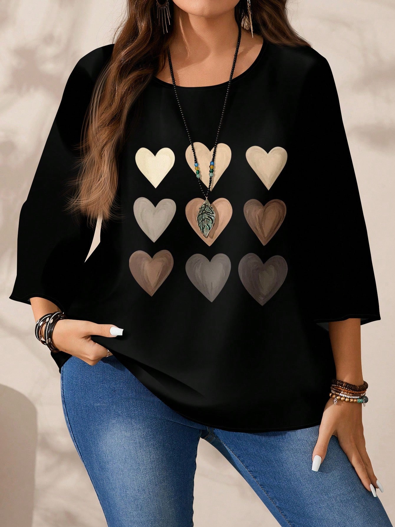EMERY ROSE Plus Size Women's Heart Gradient Grid Pattern Print Casual Full Print Round Neck Loose 3/4 Sleeve Shirt Suitable For Spring And Summer