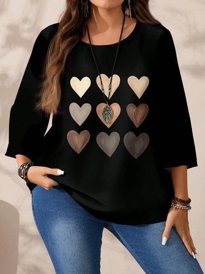 EMERY ROSE Plus Size Women's Heart Gradient Grid Pattern Print Casual Full Print Round Neck Loose 3/4 Sleeve Shirt Suitable For Spring And Summer