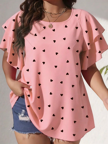EMERY ROSE Plus Size Women's Heart Print Ruffle Sleeve Loose Casual Fairy Kawaii Blouse,Pastel Pink,Summer,Cute,Top Vacation,Birthday Dinner Wedding