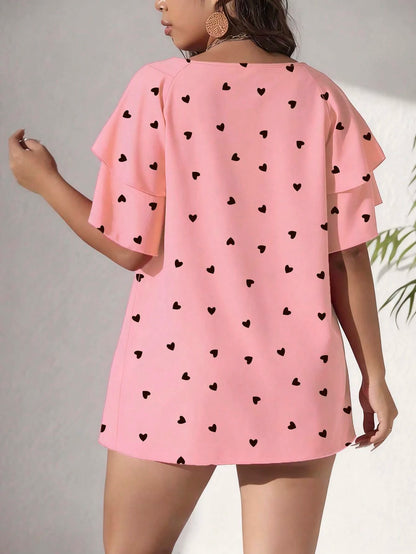 EMERY ROSE Plus Size Women's Heart Print Ruffle Sleeve Loose Casual Fairy Kawaii Blouse,Pastel Pink,Summer,Cute,Top Vacation,Birthday Dinner Wedding