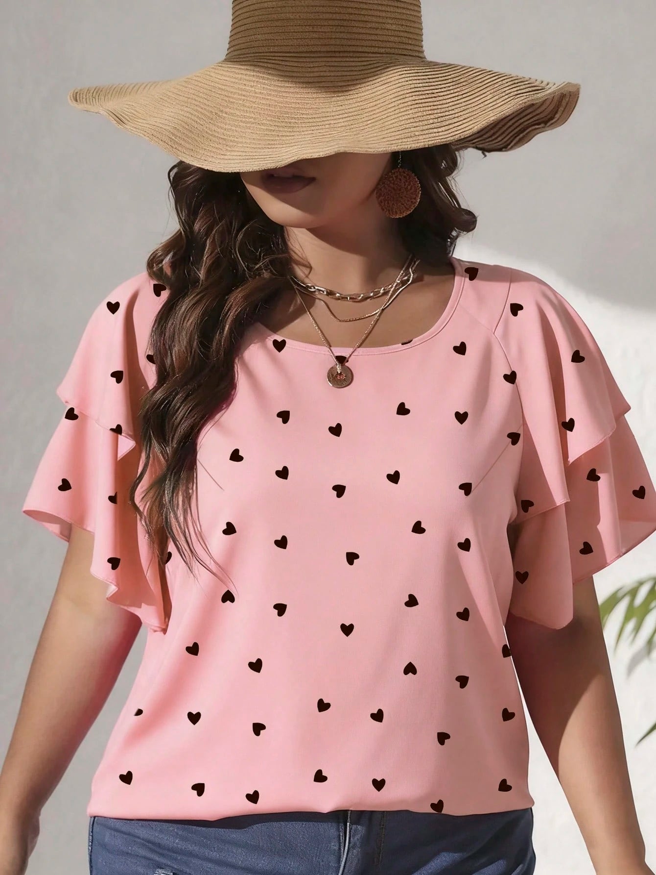 EMERY ROSE Plus Size Women's Heart Print Ruffle Sleeve Loose Casual Fairy Kawaii Blouse,Pastel Pink,Summer,Cute,Top Vacation,Birthday Dinner Wedding