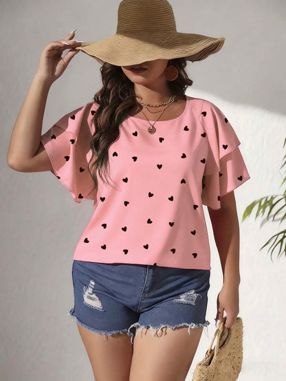 EMERY ROSE Plus Size Women's Heart Print Ruffle Sleeve Loose Casual Fairy Kawaii Blouse,Pastel Pink,Summer,Cute,Top Vacation,Birthday Dinner Wedding