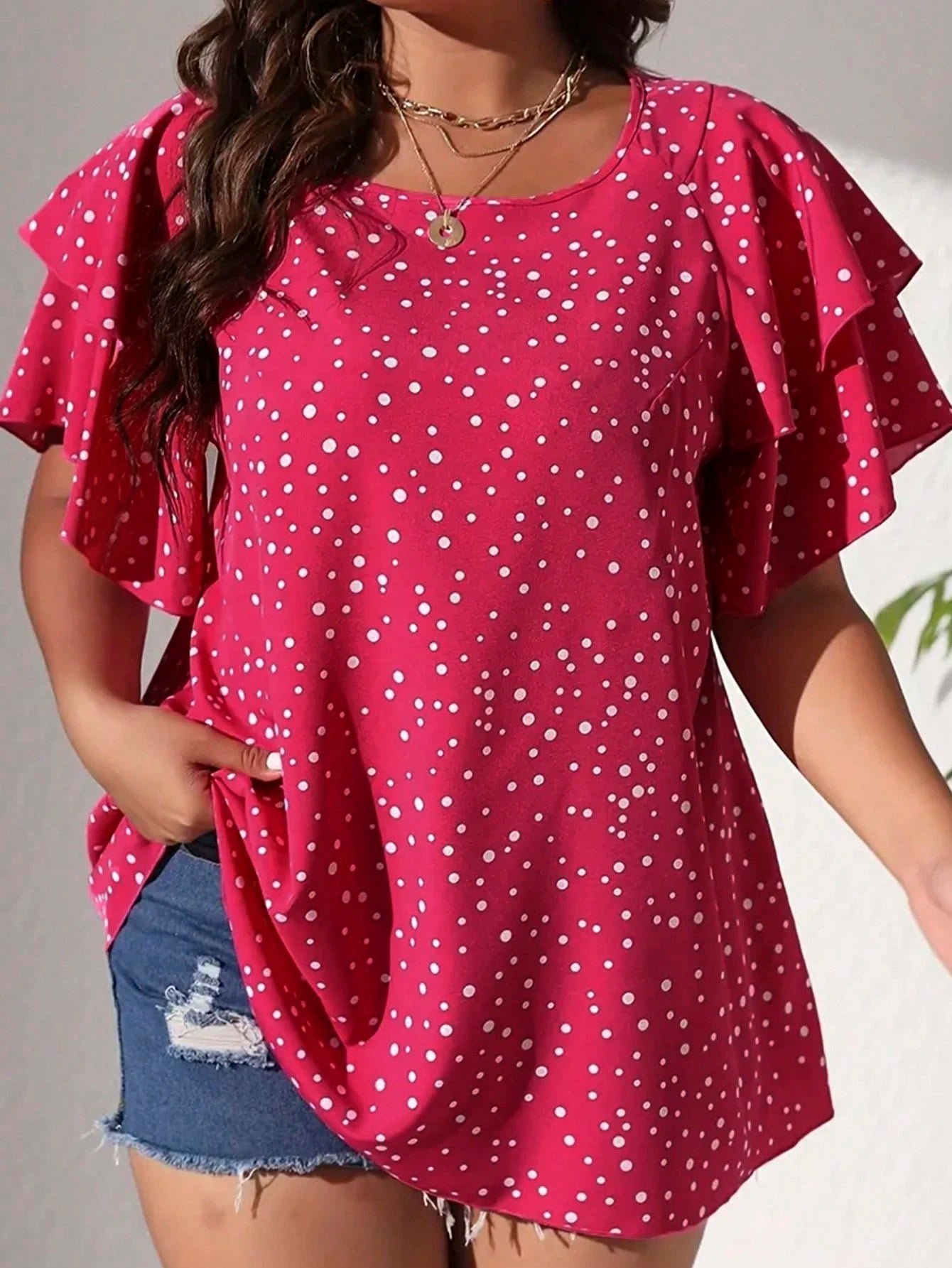 EMERY ROSE Plus Size Women's Heart Print Ruffle Sleeve Loose Casual Fairy Kawaii Blouse,Pastel Pink,Summer,Cute,Top Vacation,Birthday Dinner Wedding
