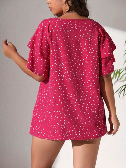 EMERY ROSE Plus Size Women's Heart Print Ruffle Sleeve Loose Casual Fairy Kawaii Blouse,Pastel Pink,Summer,Cute,Top Vacation,Birthday Dinner Wedding