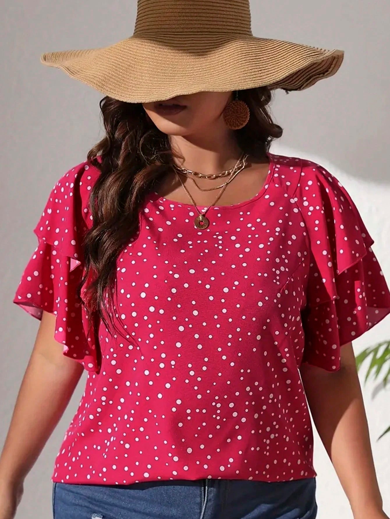 EMERY ROSE Plus Size Women's Heart Print Ruffle Sleeve Loose Casual Fairy Kawaii Blouse,Pastel Pink,Summer,Cute,Top Vacation,Birthday Dinner Wedding