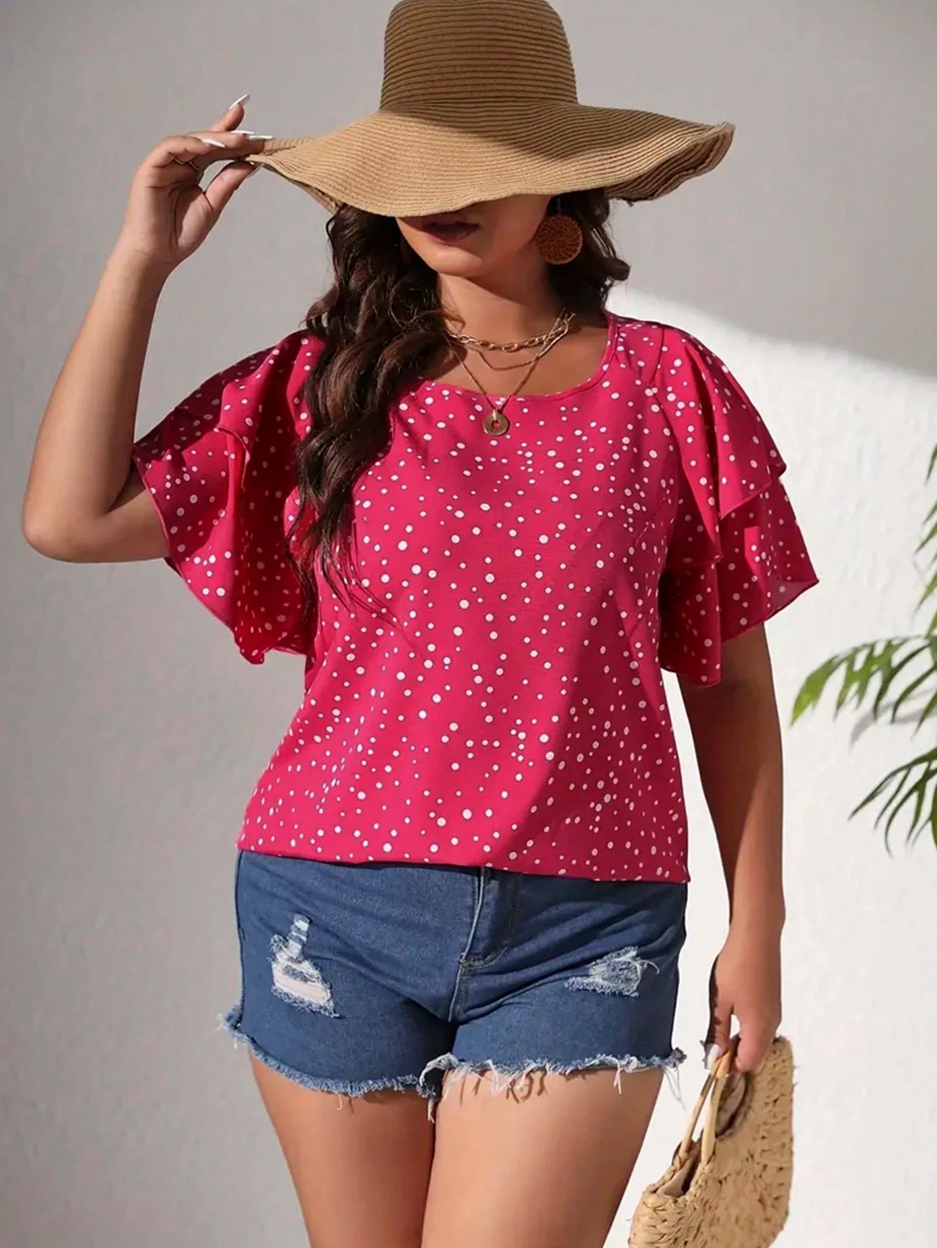 EMERY ROSE Plus Size Women's Heart Print Ruffle Sleeve Loose Casual Fairy Kawaii Blouse,Pastel Pink,Summer,Cute,Top Vacation,Birthday Dinner Wedding