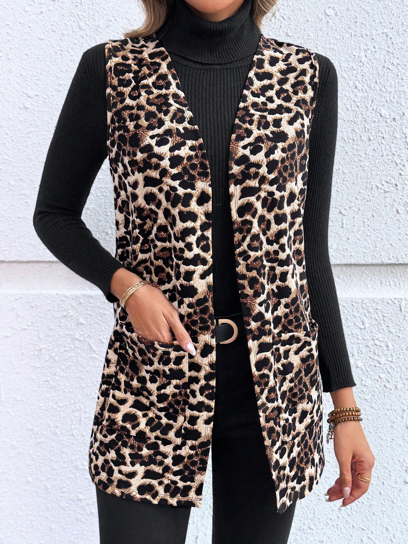 EMERY ROSE Plus Size Women's Leopard Print Open Front Sleeveless Cardigan,Elegant Pocket Coat For Autumn,Early Spring Casual Fashion Vacation, Style