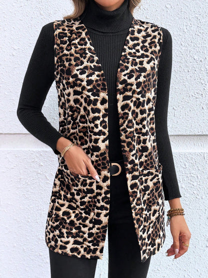 EMERY ROSE Plus Size Women's Leopard Print Open Front Sleeveless Cardigan,Elegant Pocket Coat For Autumn,Early Spring Casual Fashion Vacation, Style