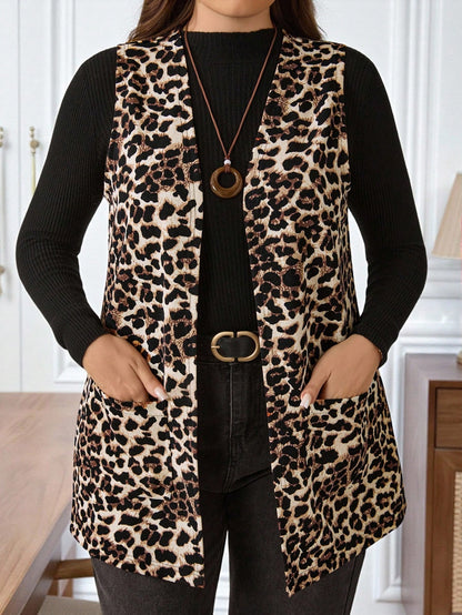 EMERY ROSE Plus Size Women's Leopard Print Open Front Sleeveless Cardigan,Elegant Pocket Coat For Autumn,Early Spring Casual Fashion Vacation, Style