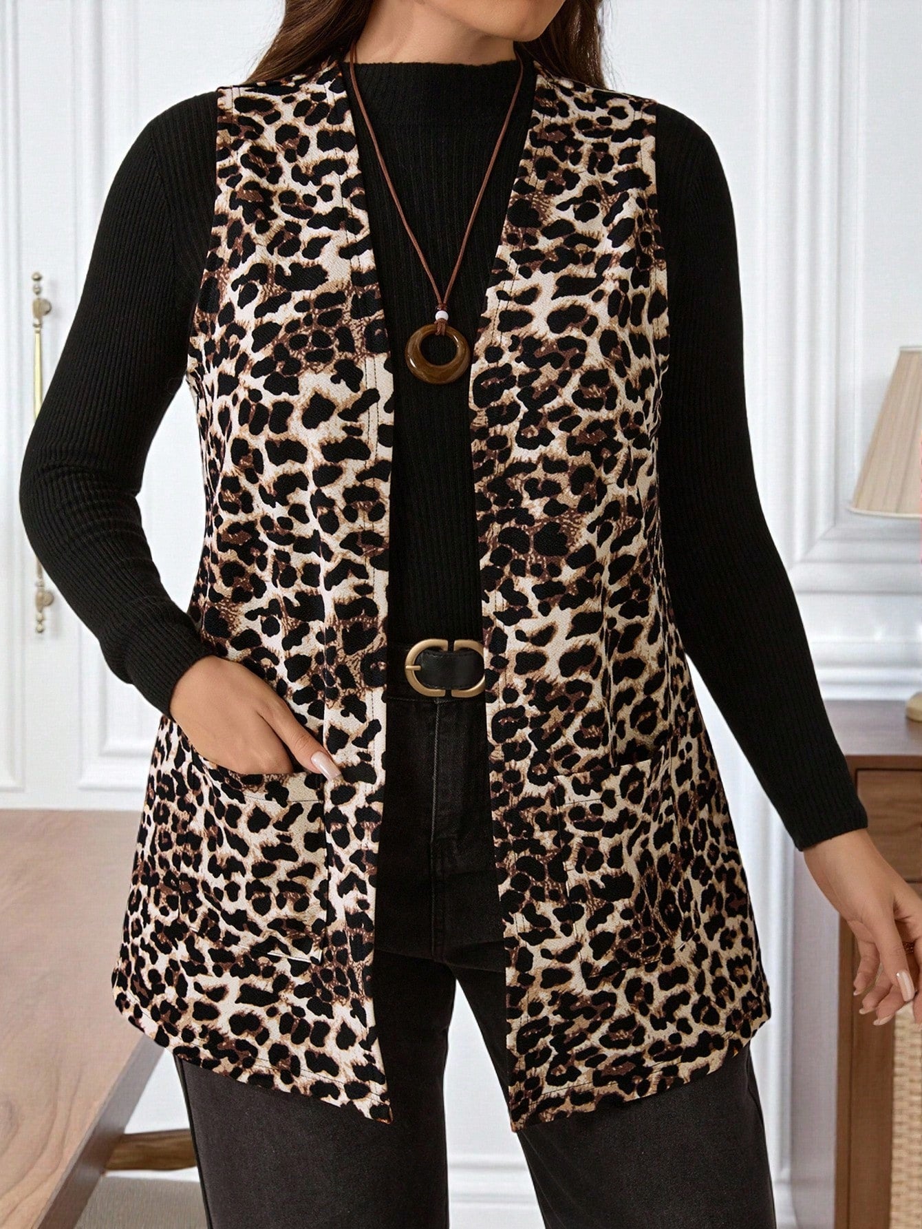 EMERY ROSE Plus Size Women's Leopard Print Open Front Sleeveless Cardigan,Elegant Pocket Coat For Autumn,Early Spring Casual Fashion Vacation, Style