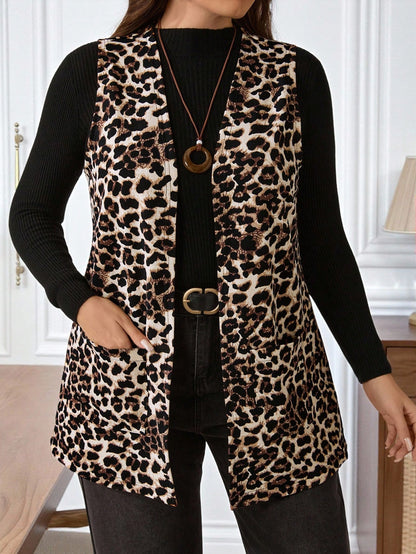 EMERY ROSE Plus Size Women's Leopard Print Open Front Sleeveless Cardigan,Elegant Pocket Coat For Autumn,Early Spring Casual Fashion Vacation, Style