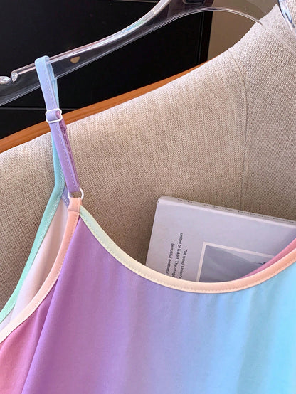 EMERY ROSE Plus Size Women's Rainbow Ombre Casual Tank Top For Summer Graphic Tees Women Tops