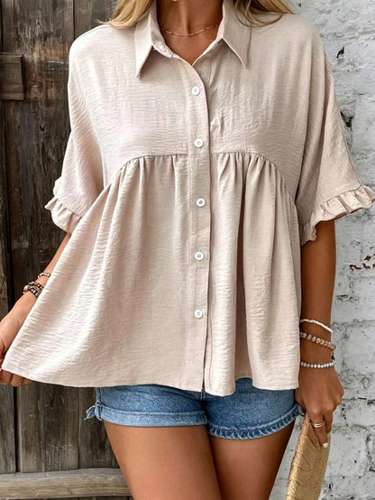 EMERY ROSE Plus Size Women's Ruffle Trim Babydoll Blouse Shirt,Summer Vation Shirt Casual Linen Shirt