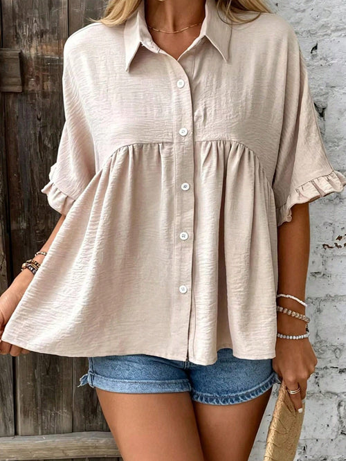 EMERY ROSE Plus Size Women's Ruffle Trim Babydoll Blouse Shirt,Summer Vation Shirt Casual Linen Shirt
