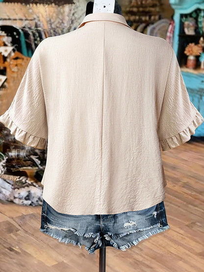 EMERY ROSE Plus Size Women's Ruffle Trim Babydoll Blouse Shirt,Summer Vation Shirt Casual Linen Shirt