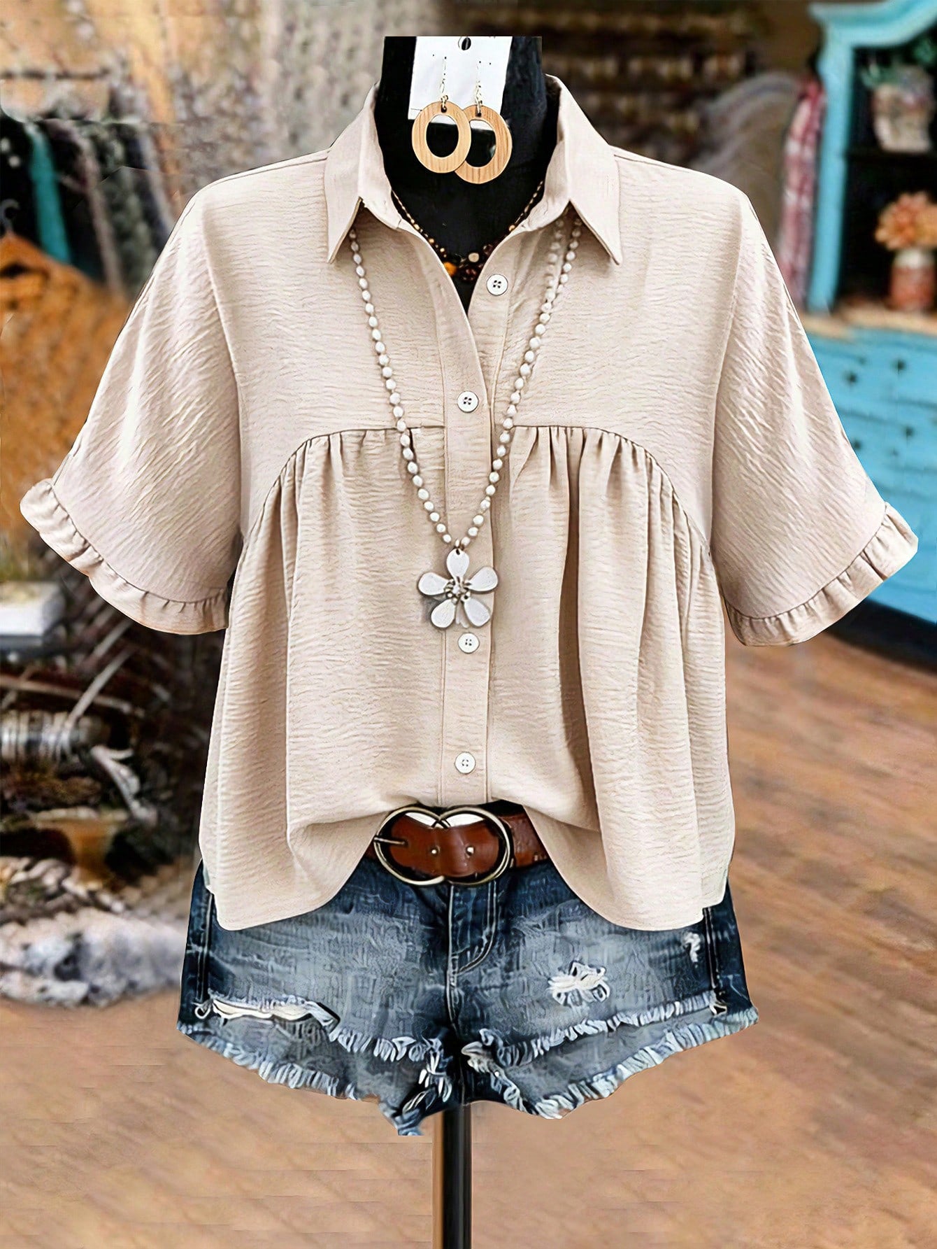 EMERY ROSE Plus Size Women's Ruffle Trim Babydoll Blouse Shirt,Summer Vation Shirt Casual Linen Shirt
