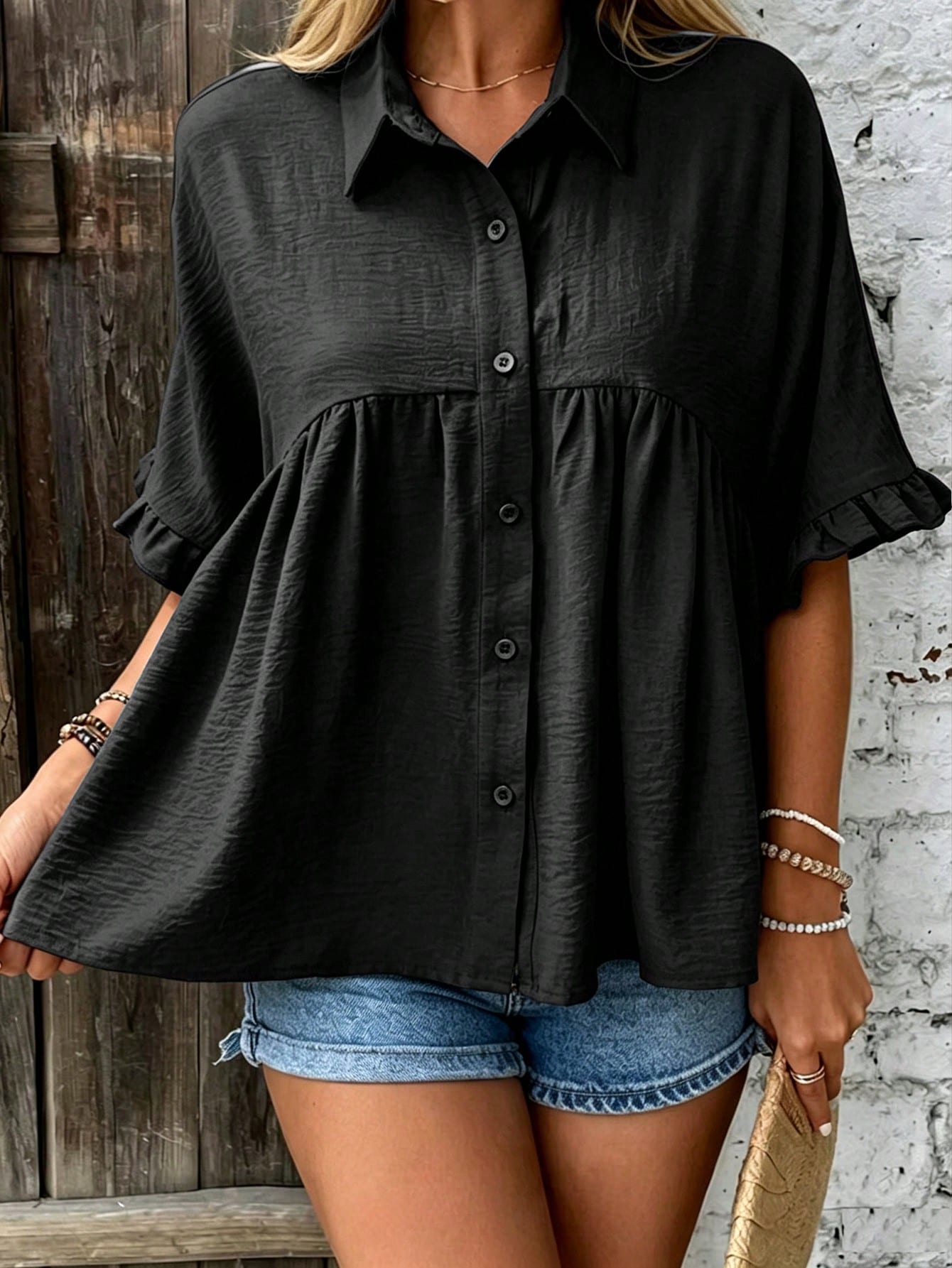 EMERY ROSE Plus Size Women's Ruffle Trim Babydoll Blouse Shirt,Summer Vation Shirt Casual Linen Shirt