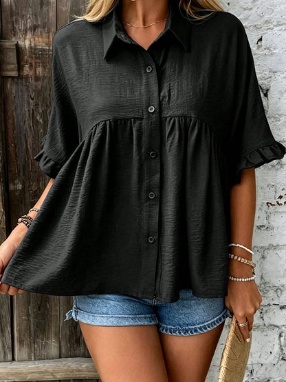 EMERY ROSE Plus Size Women's Ruffle Trim Babydoll Blouse Shirt,Summer Vation Shirt Casual Linen Shirt