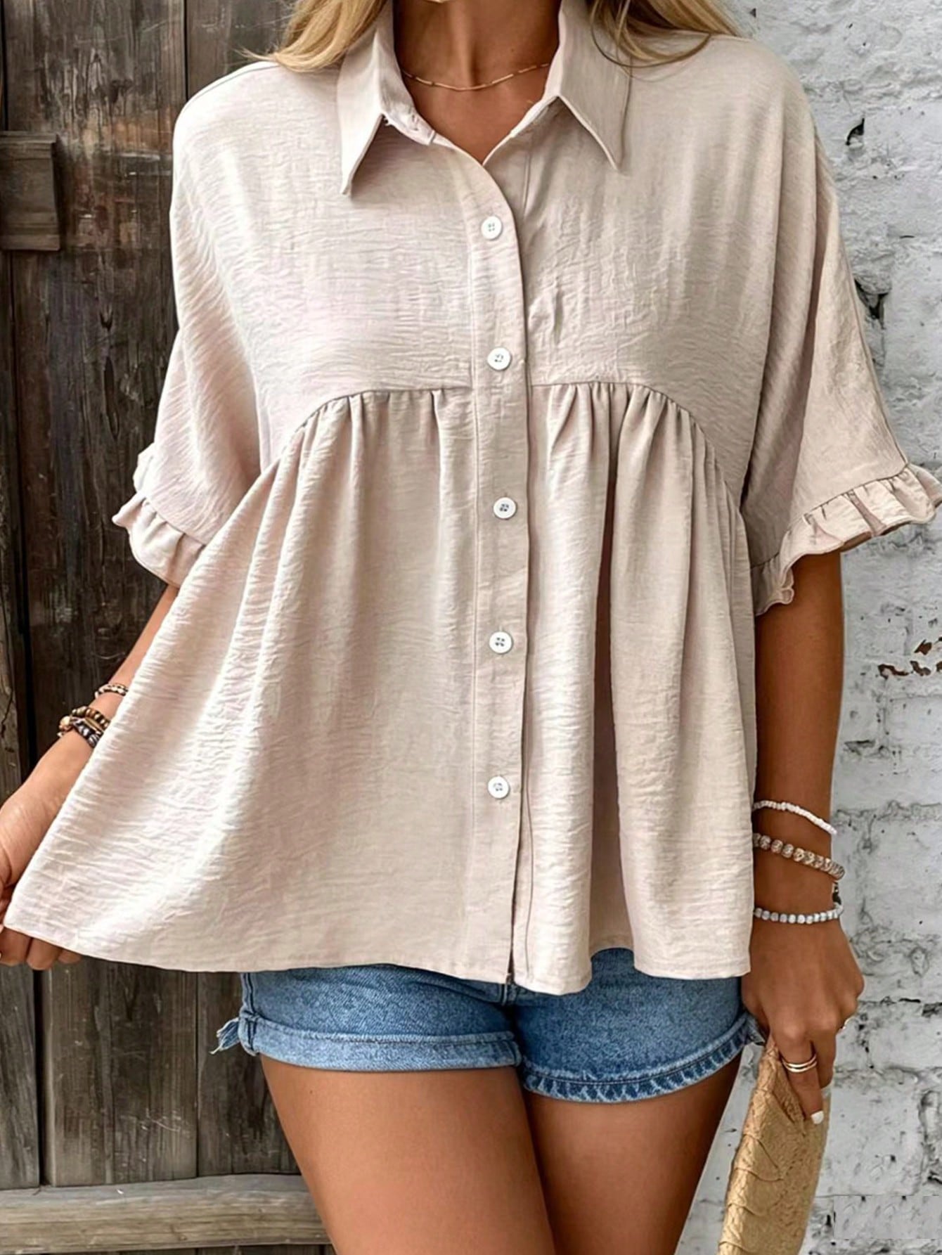 EMERY ROSE Plus Size Women's Ruffle Trim Babydoll Blouse Shirt,Summer Vation Shirt Casual Linen Shirt