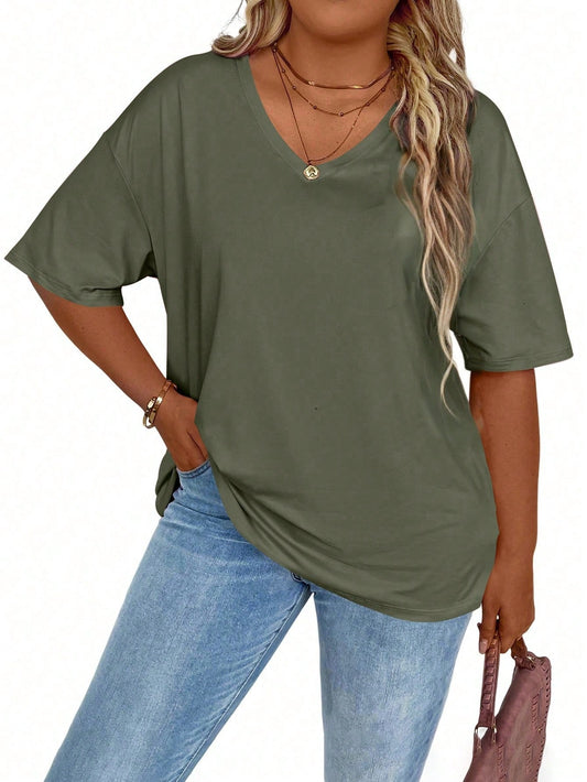 EMERY ROSE Plus Size Women's Solid Color Simple Short Sleeve T-Shirt For Daily Wear
