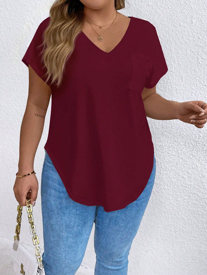 EMERY ROSE Plus Size Women's Solid V-Neck Casual Versatile Daily Short Sleeve T-Shirt