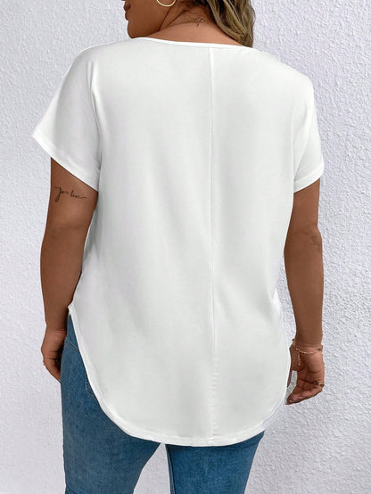 EMERY ROSE Plus Size Women's Solid V-Neck Casual Versatile Daily Short Sleeve T-Shirt