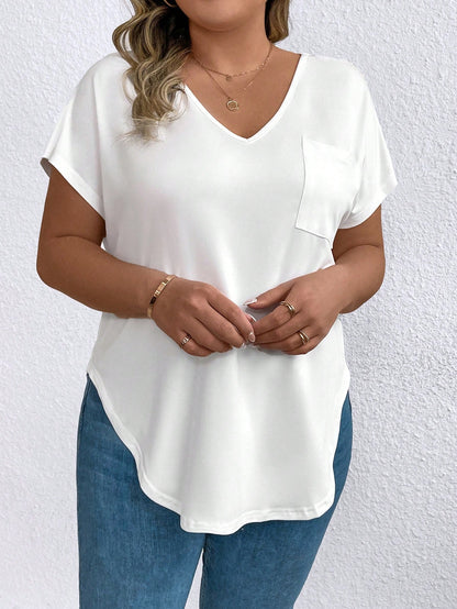 EMERY ROSE Plus Size Women's Solid V-Neck Casual Versatile Daily Short Sleeve T-Shirt