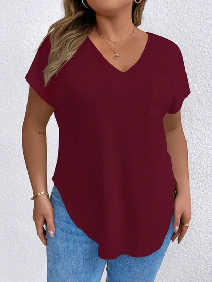 EMERY ROSE Plus Size Women's Solid V-Neck Casual Versatile Daily Short Sleeve T-Shirt