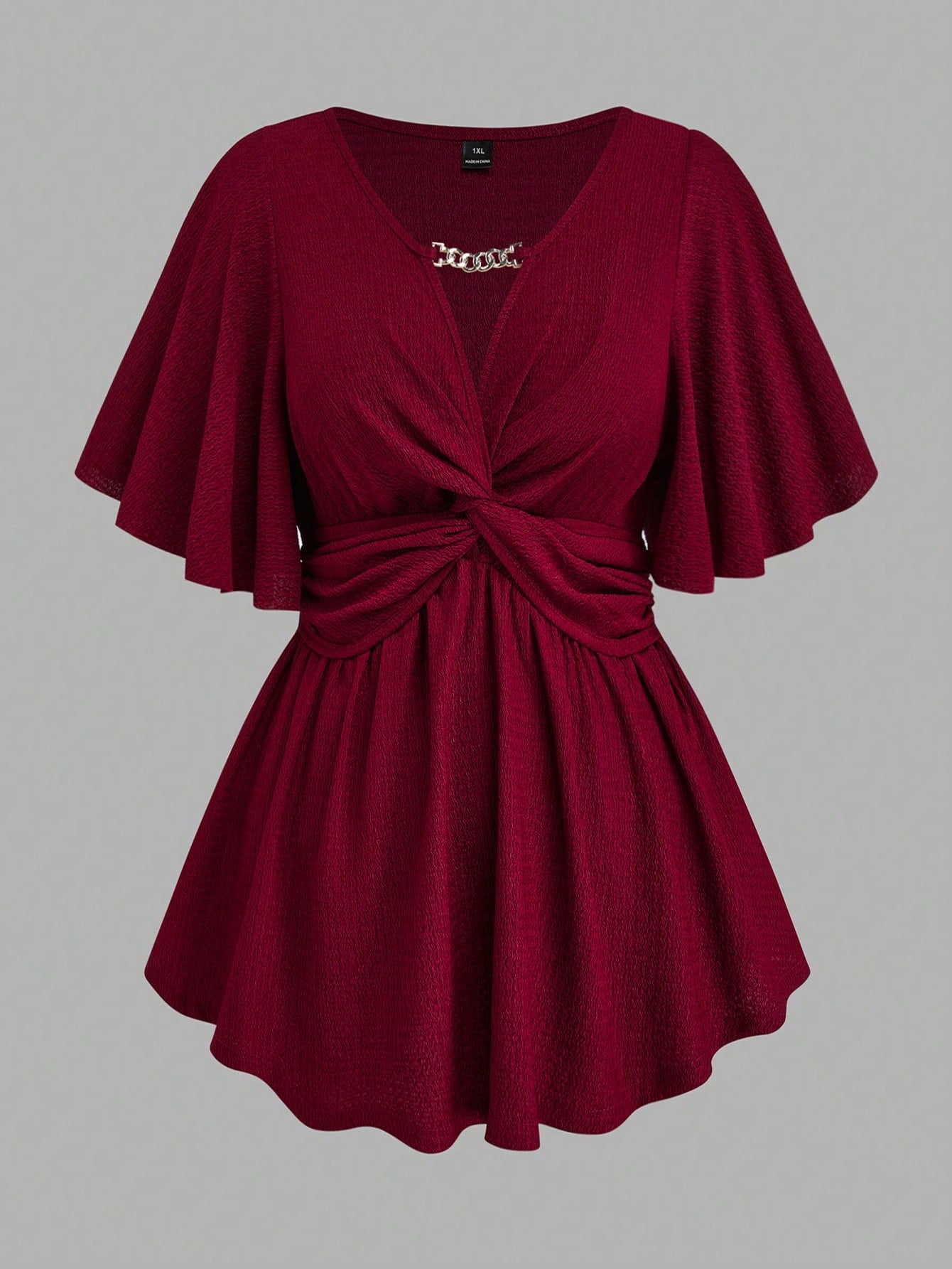 EMERY ROSE Plus Size Women's Spring/Summer V-Neck Knit Top With Chain, Ruffle Hem And Twist Waist Design, Elegant And Graceful A-Line