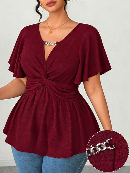 EMERY ROSE Plus Size Women's Spring/Summer V-Neck Knit Top With Chain, Ruffle Hem And Twist Waist Design, Elegant And Graceful A-Line