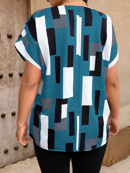 EMERY ROSE Plus Size Women's Summer Casual Geometric Print Spread Collar Shirt, Short Sleeve Blouse