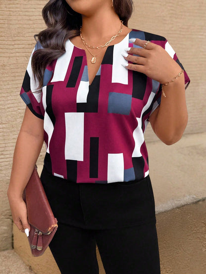 EMERY ROSE Plus Size Women's Summer Casual Geometric Print Spread Collar Shirt, Short Sleeve Blouse
