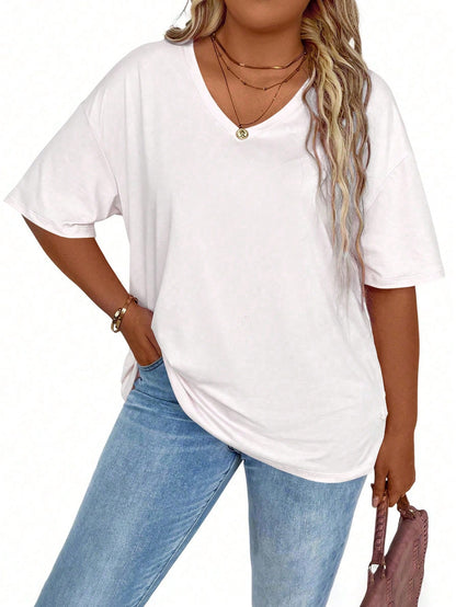 EMERY ROSE Plus Size Women's Summer Casual Solid Color V-Neck Batwing Sleeve Casual T-Shirt
