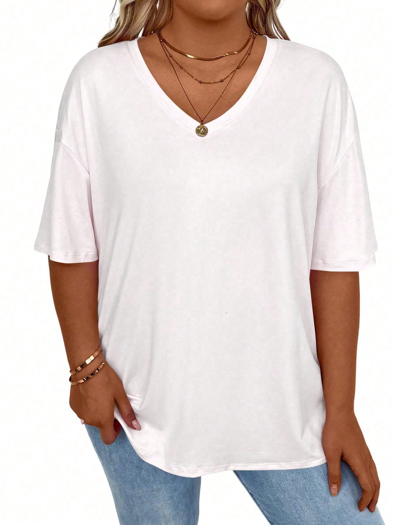 EMERY ROSE Plus Size Women's Summer Casual Solid Color V-Neck Batwing Sleeve Casual T-Shirt