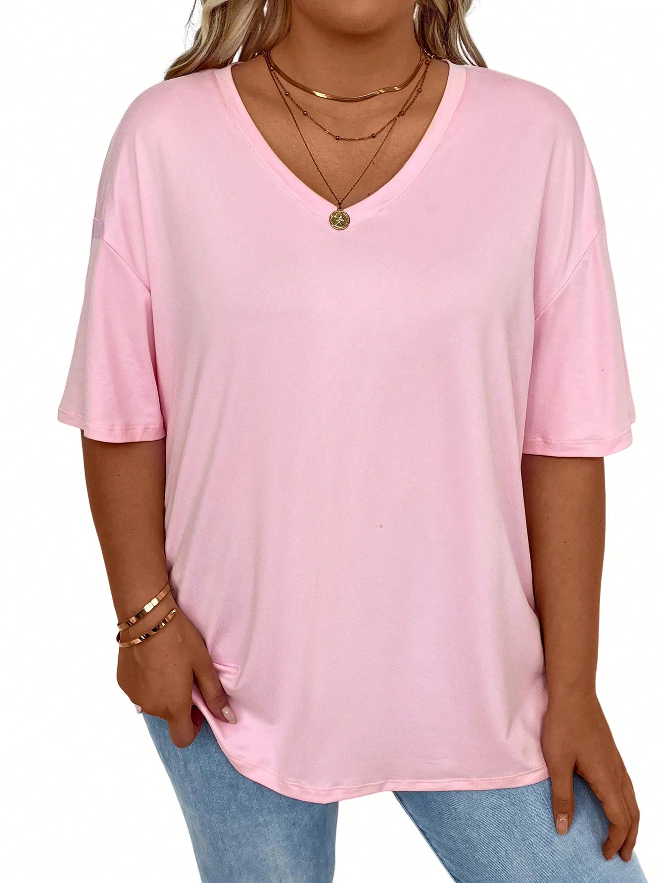 EMERY ROSE Plus Size Women's Summer Casual Solid Color V-Neck Batwing Sleeve Casual T-Shirt