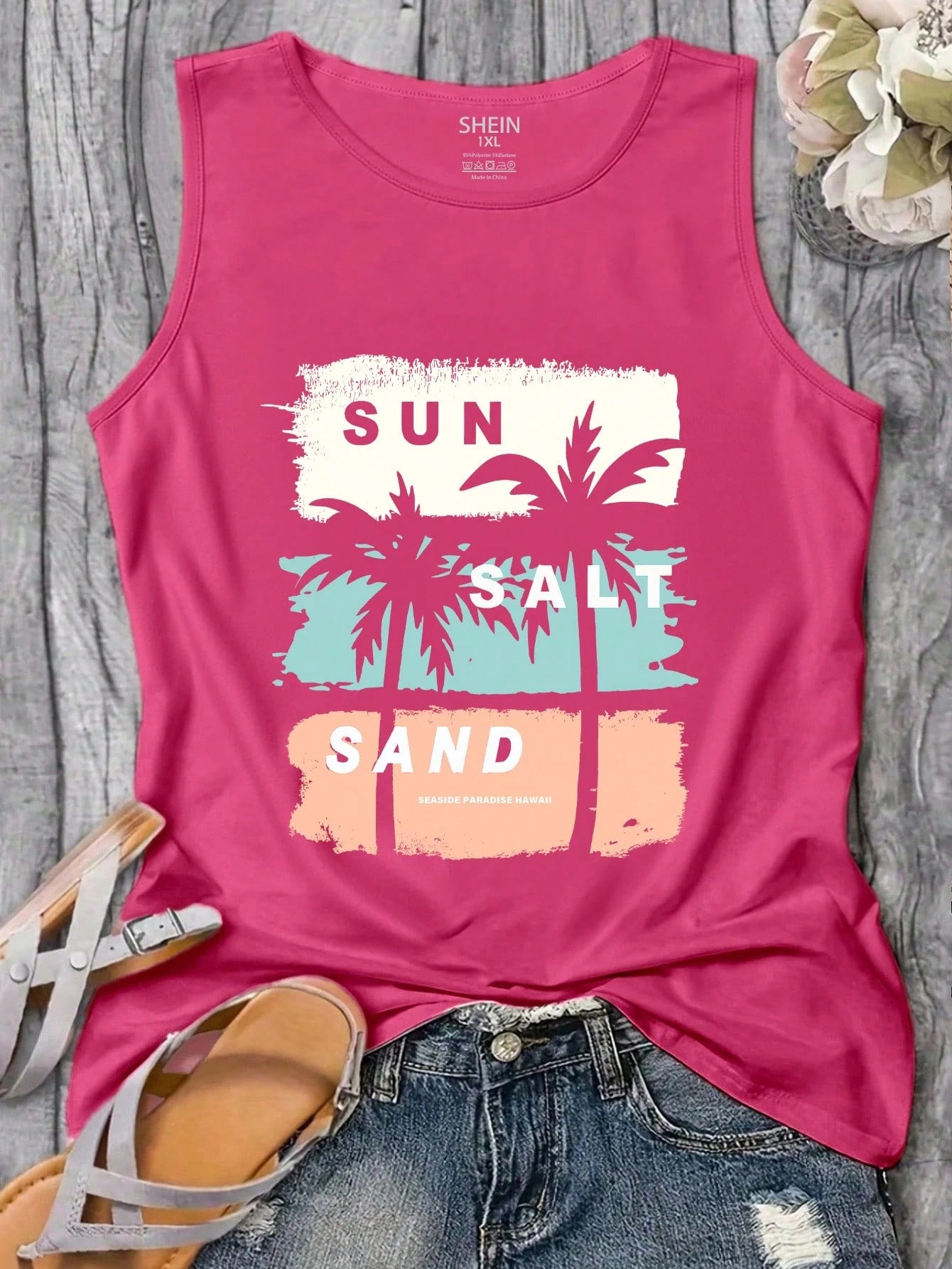 EMERY ROSE Plus Size Women's Summer Palm Tree Letter Print Sleeveless Tank Top Graphic Vacation Women Tops Fall Winter