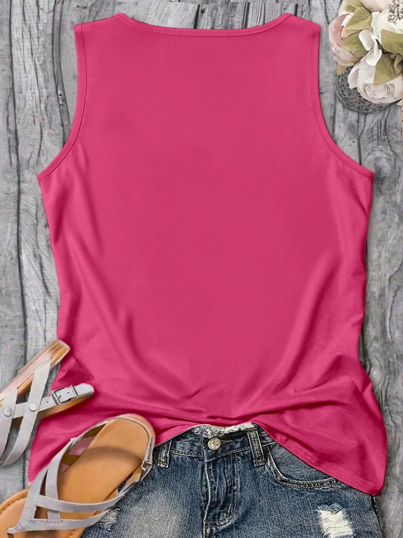 EMERY ROSE Plus Size Women's Summer Palm Tree Letter Print Sleeveless Tank Top Graphic Vacation Women Tops Fall Winter