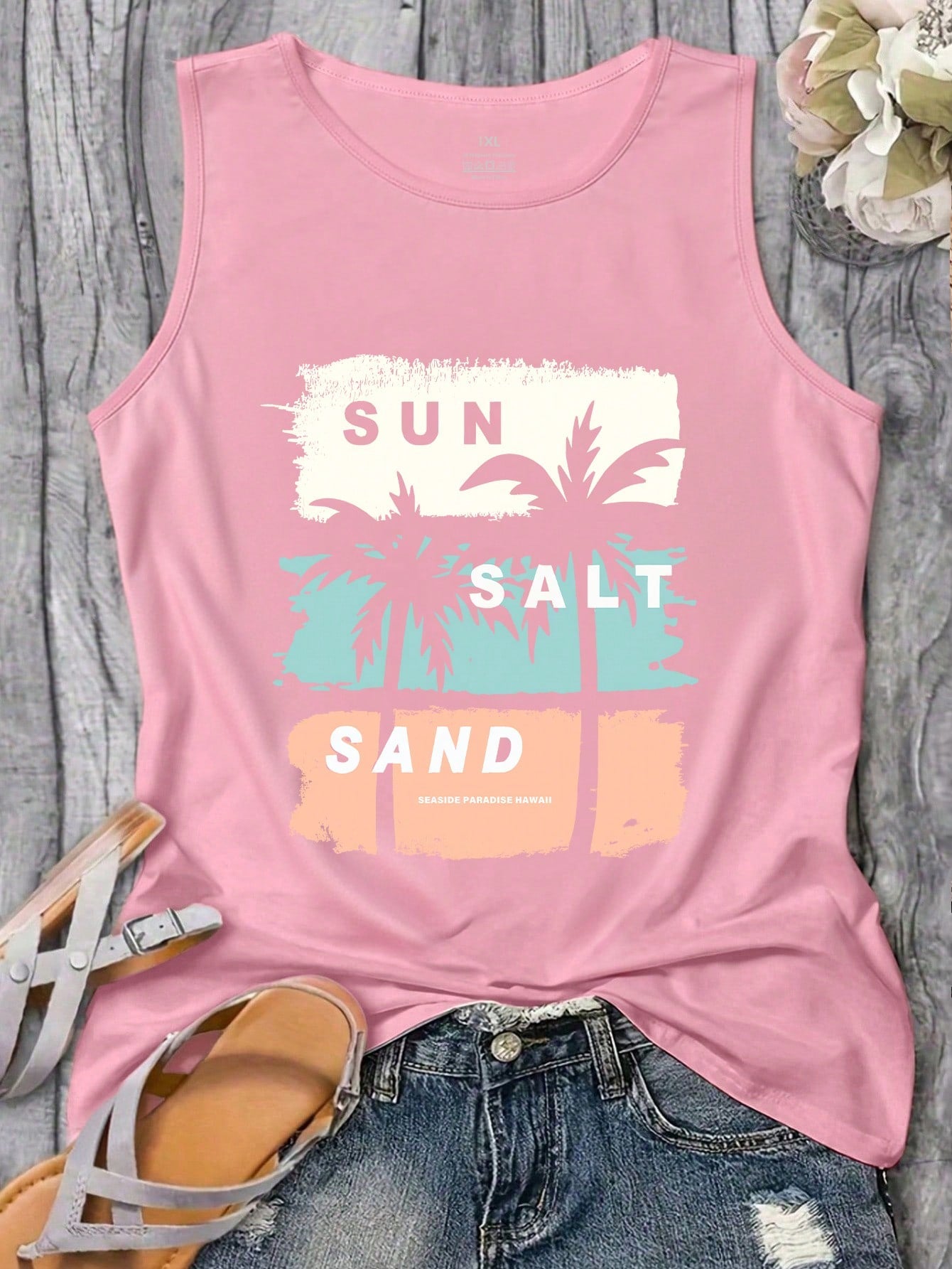 EMERY ROSE Plus Size Women's Summer Palm Tree Letter Print Sleeveless Tank Top Graphic Vacation Women Tops Fall Winter