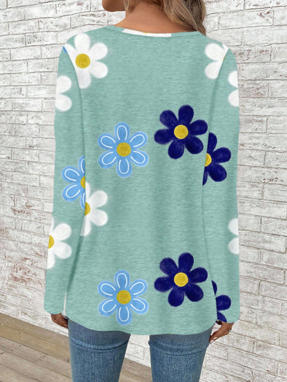 EMERY ROSE Plus Size Women's V-Neck Long Sleeve Loose T-Shirt With Textured Floral Print, Suitable For,Flower/Spring/Summer/Vacation Fall