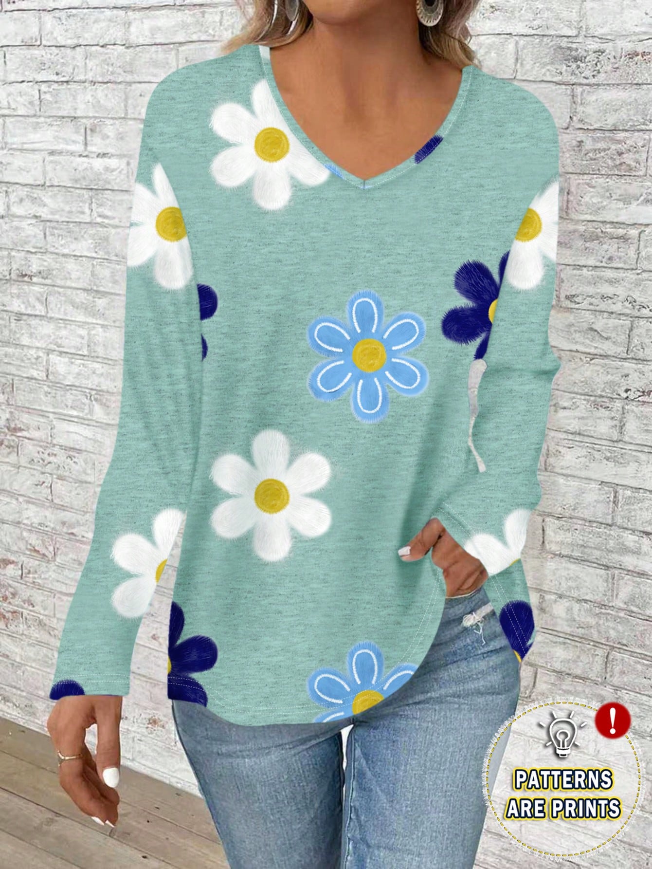 EMERY ROSE Plus Size Women's V-Neck Long Sleeve Loose T-Shirt With Textured Floral Print, Suitable For,Flower/Spring/Summer/Vacation Fall
