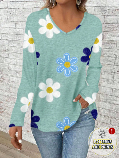 EMERY ROSE Plus Size Women's V-Neck Long Sleeve Loose T-Shirt With Textured Floral Print, Suitable For,Flower/Spring/Summer/Vacation Fall