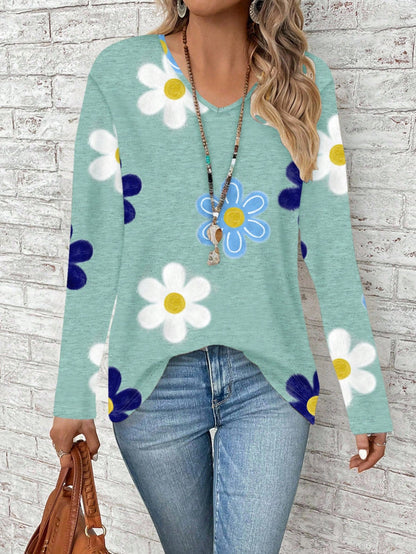 EMERY ROSE Plus Size Women's V-Neck Long Sleeve Loose T-Shirt With Textured Floral Print, Suitable For,Flower/Spring/Summer/Vacation Fall