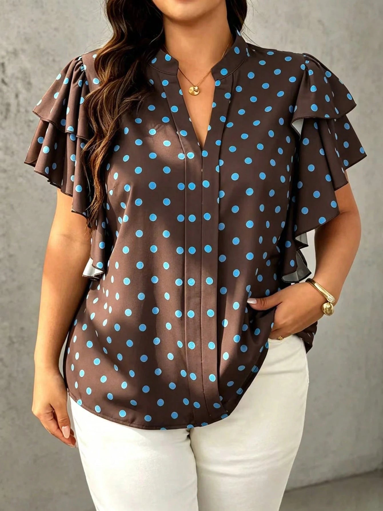 EMERY ROSE Plus Size Women's V-Neck Polka Dot Casual Versatile Daily Wear Blouse