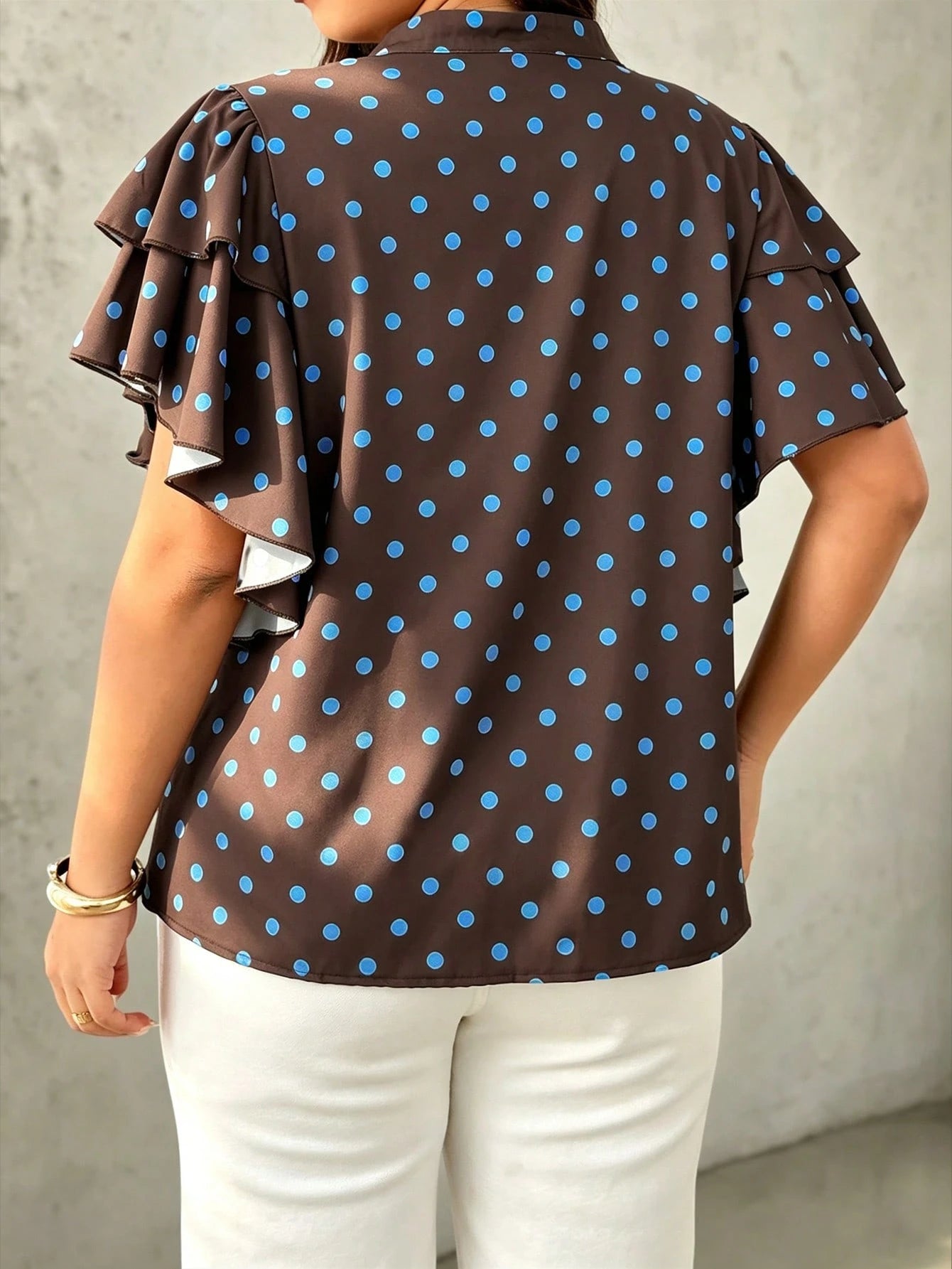 EMERY ROSE Plus Size Women's V-Neck Polka Dot Casual Versatile Daily Wear Blouse
